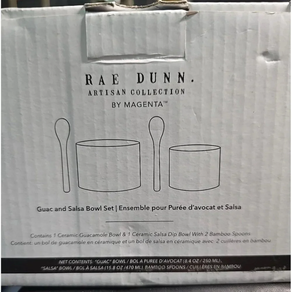 Rae Dunn Guac and Salsa Bowl Set with 2 Bamboo Spoons New in Box - Picture 3 of 4